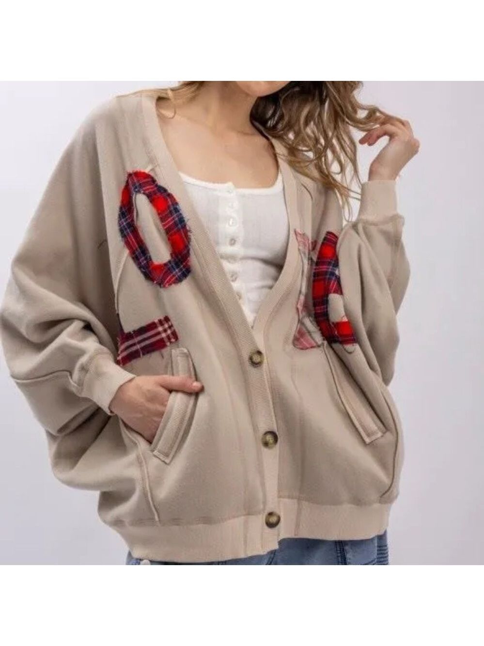 NWT Blue Velvet LOVE Beige Cardigan with Red Plaid Accents Size S/M Oversized